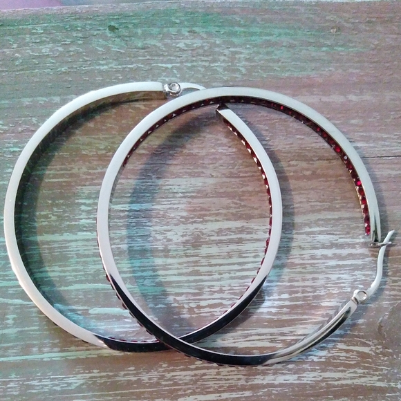 Bright Red Rhinestone Silver Hoop Earrings Big Sparkle Crystal Channel Hoops New - Picture 5 of 12